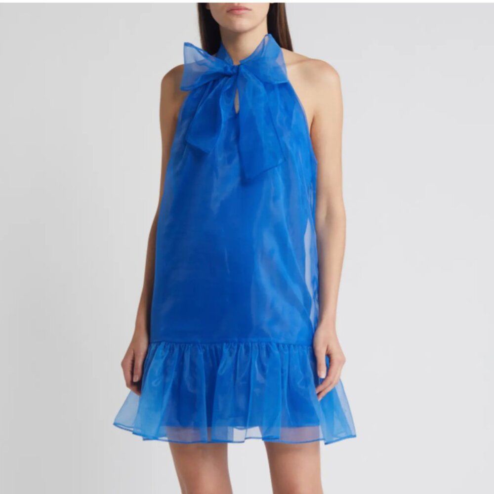 Chelsea 28 Royal Blue Organza Bow Tie Halter Neck Ruffle Hem Mini Dress Size XS